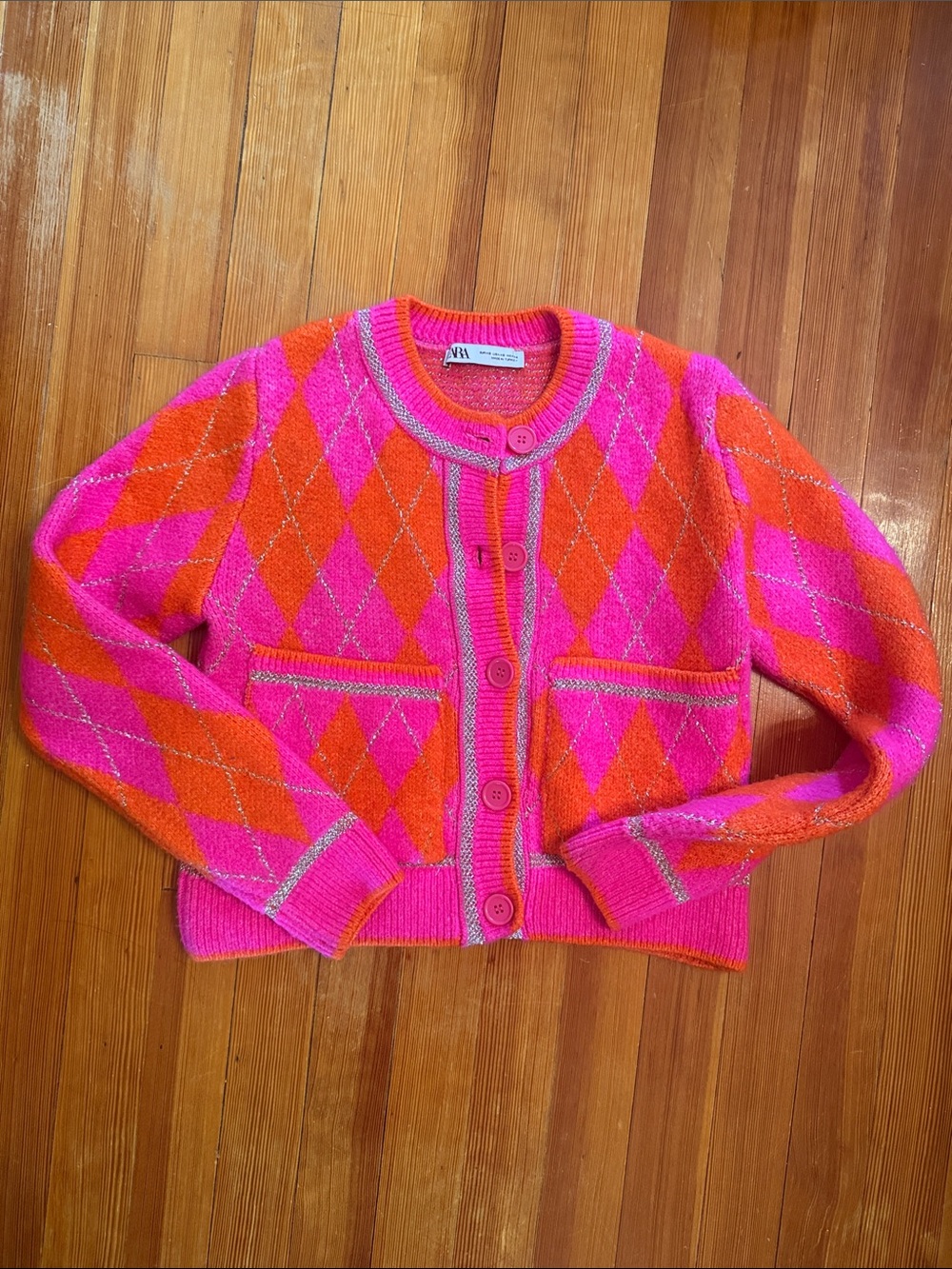 Zara Hot Pink & Orange Argyle Button Cardigan